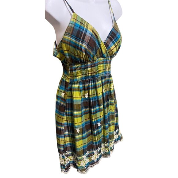She's Cool Sundress L Short Babydoll Mini Plaid Embroidered Y2K Fairy Boho Fest - Picture 5 of 11